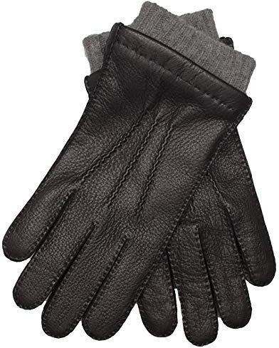 EEM Herren Lederhandschuhe, edles Hirschleder, weiches Futter aus Kaschmir und Wolle, handgenäht, schwarz-anthrazit L