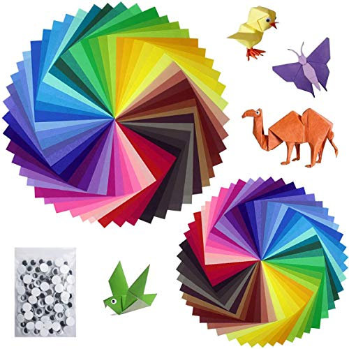 200 Blätter in 50 kräftige Farben von Sunerly, einseitiges Origami-Papier für Kunst- und Bastelprojekte, inklusive 100 x Wackelaugen, je 100 Blätter 15 x 15 cm und + 100 Blätter 10 x 10 cm