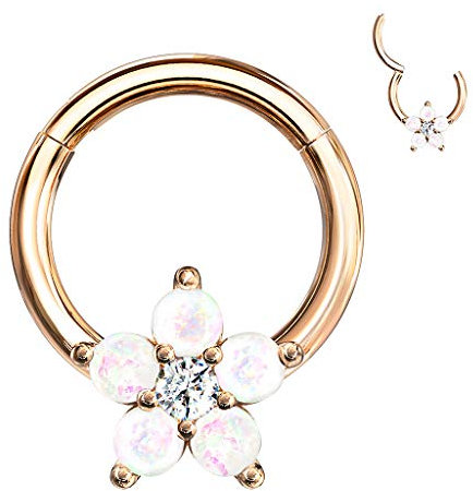 Segment Clicker Scharnier Ring Piercing Blume mit Glitzer Opal Stein Septum Tragus Helix Nase Lippe Nasenring Nasenpiercing Ohr Knorpel Rosegold