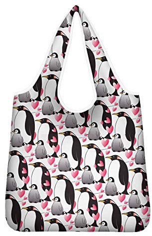 UOIMAG Wiederverwendbare Einkaufstasche für Damen, Schultasche, lässige Schultertasche, niedliches Pinguin, Eltern und Kinder, Herzmuster