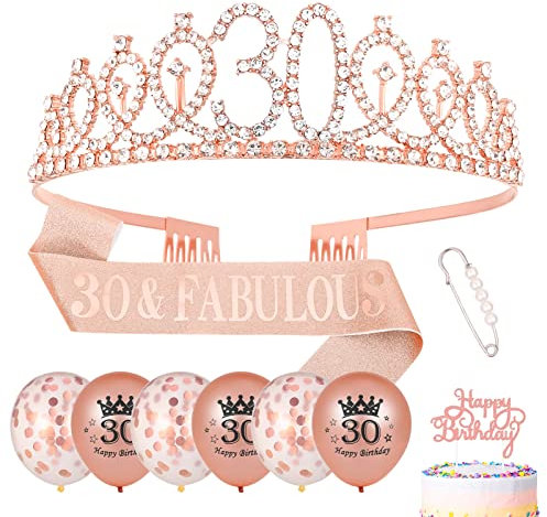 Popuppe 30. Geburtstag Schärpe und Geburtstagskrone,Rose Gold Schärpe Tiara Krone,Cupcake Topper Konfetti Luftballons Zum 30. Geburtstag Geschenke Frauen Deko