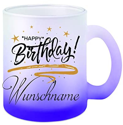 Glas-Tasse weiß/lila Happy Birthday Wunschname Kaffeetasse, Teetasse, Glühweintasse, Glas satiniert mit Farbverlauf