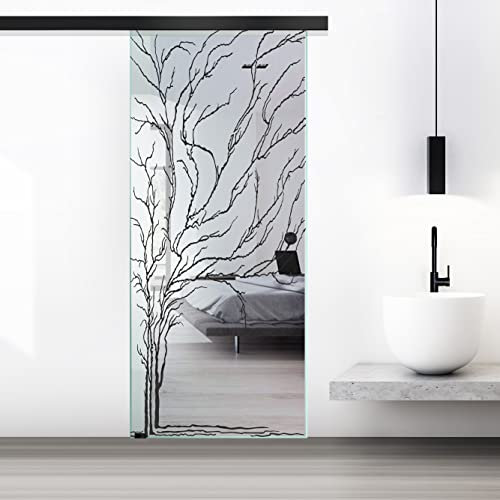 BOSS Black Porta Scorrevole in vetro modello TREE 95x215 cm (60/85/95 cm) 8 mm, vetro Transparente, Nano rivestito nero, kit hardware complete nero opaco (95x215 cm, SINISTRA)