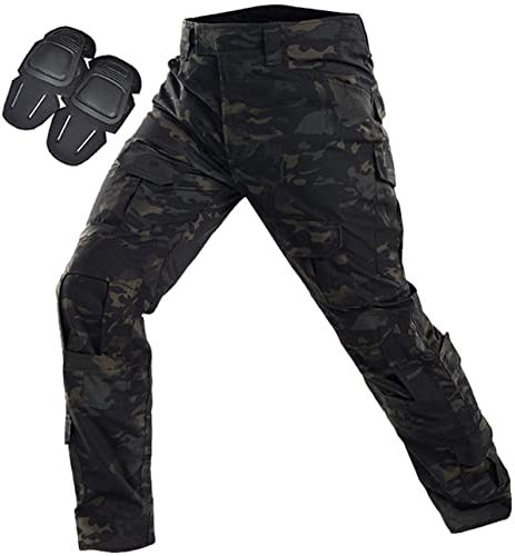 Uugood Militär Hose, Taktische Hose Herren G3 Camouflage Ripstop Combat Hose mit Knieschoner Multicam Cargo Hose für Outdoor Aktivitäten Paintball Jagd Airsoft (Schwarze Nacht, 3XL)