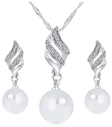 FFWTPY 2teiliges Schmuckset Wellenform Kristall Perlen Anhänger Halskette Ohrringe Damen Elegante Schmuckkollektion Hochwertige Accessoires