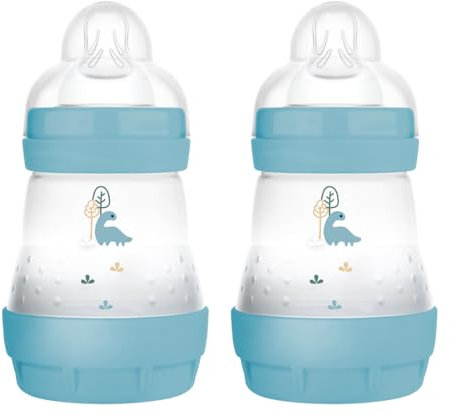 MAM Easy Start Anti-Colic Baby Bottles | 2 Pack (2 x 160ml) | Self-Sterlising Baby Milk Bottle | Slow Flow MAM Teats Size 1 | Newborn Essentials | Blue (Various Designs)