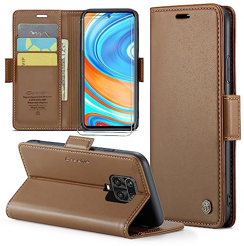 FERLAN Cover per Xiaomi Redmi Note 9S/Redmi Note 9 Pro+ 2 Pezzi Vetro Temperato,Antifurto,supporta ricarica wireless,in pelle multifunzione,chiusura magnetica con chiusura anti-urto,Marrone