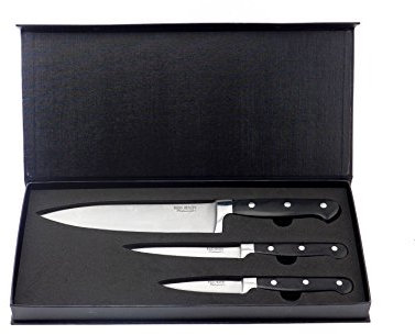 Ross Henery Professional Set di 3 coltelli di alta qualità, in acciaio inox e carbonio, piena seta, coltelli da chef in confezione regalo nera, RHPRO3
