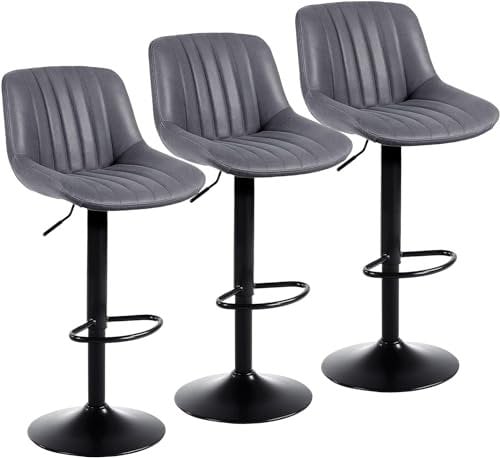 Youhauchair Taburetes Altos de Cocina Juego de 3, Taburete de Bar Giratorios de Altura con Respaldo, Taburete Alto Ajustable de Cuero PU, Taburete Cocina Moderna, Gris Oscuro
