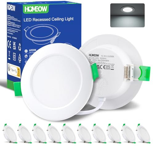 HOMEOW Einbaustrahler LED 230V Flach 68mm, Deckenspots 5W 400 Lumen, Einbauleuchten Decke LED Kaltweiß 6000K, IP44 LED Spots für Badezimmer Küche, 10er Set