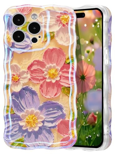 EYZUTAK Case for iPhone 15 Pro Max, Colorful Retro Oil Painting Flower Laser Glossy Cute Curly Wave Edge Case Stylish Durable Soft TPU Protective Phone Cover for Girl Women - Purple Flower/Yellow