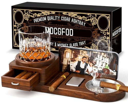 Wood Cigar Ashtray Cigarettes Ashtrays for Indoor Outdoor Patio Home Office Use Square Wooden Brown Cigar Ash Tray Gift Ideas for Men with GIFT BOX (with drawer)