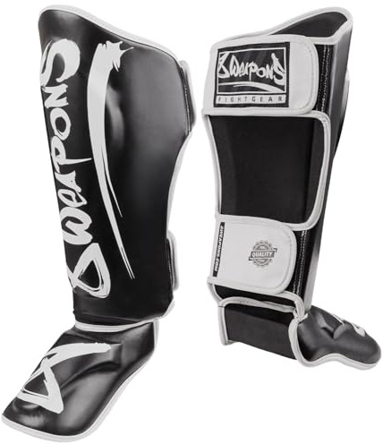 8 WEAPONS Schienbeinschoner Unlimited 2.0, Schwarz-weiß, Training & Wettkampf, Hochwertiges Kunstleder und perfekte Dämpfung, Muay Thai, K1, MMA, Karate & Kickboxen