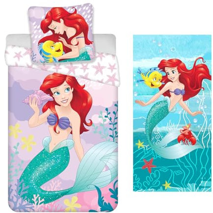 Jerry Fabrics Set Bettwäsche + Badetuch Arielle die kleine Meerjungfrau | 100 % Baumwolle | wendbarer Bettbezug 140 x 200 cm + Kissenbezug 65 x 65 cm | Strandlaken 70 x 140 cm