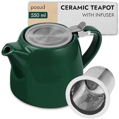 posud Teapot with Infuser – Ceramic Teapot with Strainer for 2 Cups – 550ml Small Tea Pot Infuser for Loose Tea – Stump Tea Pot with Filter for Two (Forest Green)