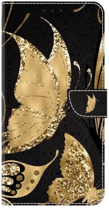 Bnvdfre for iPhone 13 /iPhone 14 Case Protective Flip Phone Art Pattern Cover Shockproof Card Holder with Magnetic Stand Leather Case for iPhone 13 /iPhone 14, Gold Butterfly