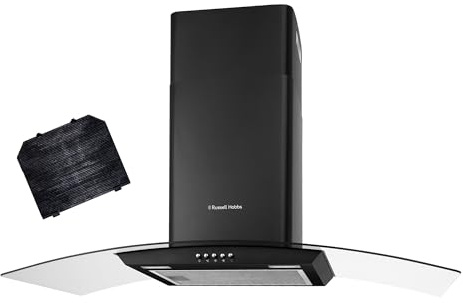 Russell Hobbs 90cm Curved Glass Cooker Hood in Black with 3 Speed Settings, 1 x Carbon Filter, Extraction or Recirculation, 500m³/h Extraction Rate, LED Lights, A+ Energy Rating, RH90GCH92A1B