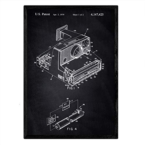 Nacnic Patent Poster mit Polaroid-Kamera. Blatt mit altem Design-Patent A3-Format mit schwarzem Hintergrund