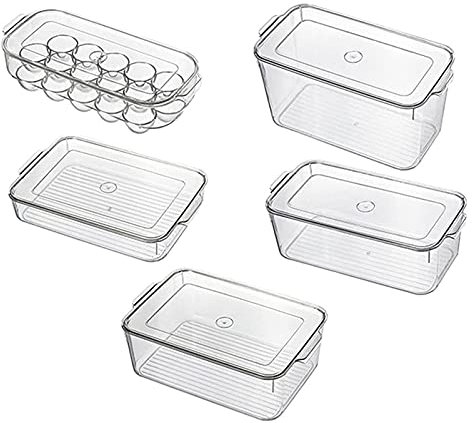 HSF 5pcs Fresh-Keeping Drawer Storage Box Set For Refrigerator Freezer, Stackable Egg Tray, Organizer Bins With Lid & Handles Fridge Parts & Accessories