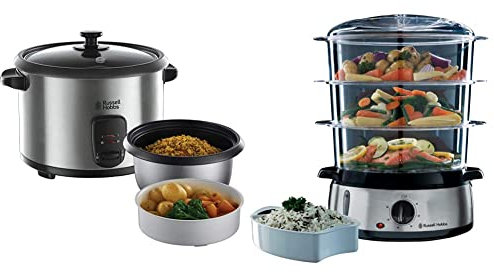 Russell Hobbs 19750-56 Cuociriso Per 10 Tazze, 700 Watt, 1.8 Litri & 19270-56 Vaporiera, 800 Watt, 9 Litri