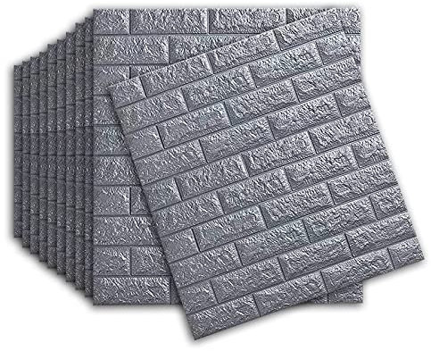 10 Stück 3D Tapete Wandpaneele Selbstklebend, Nachahmung Ziegelmuster Kindergarten Hintergrund Wanddekoration Feuchtigkeitsbeständige Tapeten für Badezimmer Balkon Küchen, 77 x 70 cm (Silbergrau)