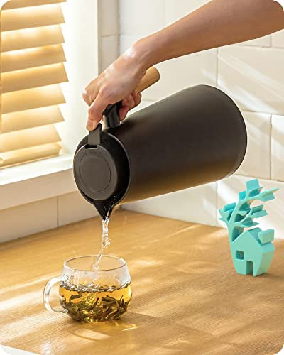 Baffect Isolierkanne, thermoskanne 1L, Quick-Press-Verschluss, 24h heiß, 24h kalt, Vakuum Kaffeekanne mit Holzgriff, Glaseinsatz, für Kaffee, Tee, Wasser,Getränk(Schwarz)