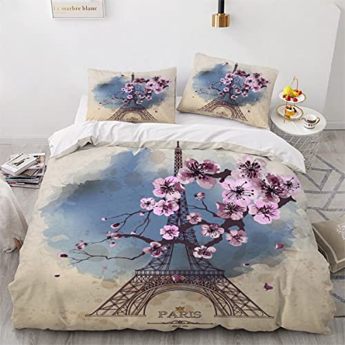 NUYSP Bettbezug Set Pariser Eiffelturm Bettwäsche 135x200 mit 2 Kissenbezug 3D Druck rosa Sakura Bettwäsche Set Mikrofaser Bettbezüge mit Reißverschluss für Kinder Zimmer Dekor