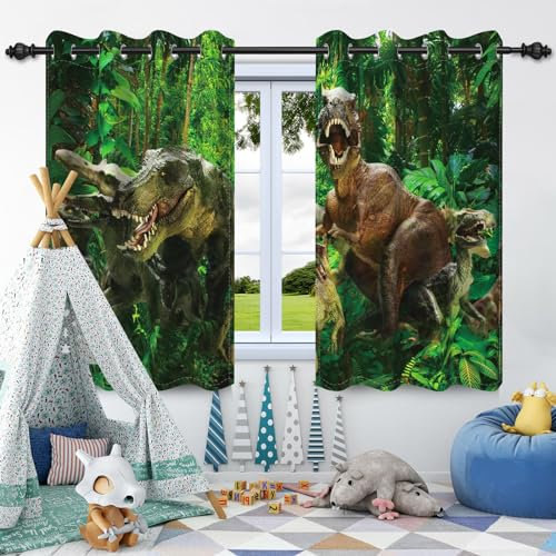 SDOTPMT 117x138cm Tropenwald Enormer Dinosaurier Fenstervorhang Sommerdschungel Uraltes Tier Grüner Baum Blätter Modern Fenster vorhänge Thermisch isoliert Vorhang für Schlafzimmer, 2 Stücke