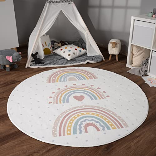 Paco Home Teppich Kinderzimmer Kinderteppich Spielteppich Kurzflor rutschfest Krone Herzen Punkte Sonne Regenbogen Buchstaben, Grösse:160 cm Rund, Farbe:Rosa 2