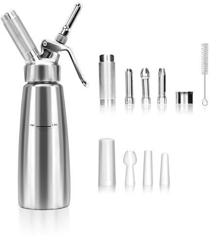 BIEAMA 1-Pint 500ml Whipped Cream Dispenser Upgraded Stainless Steel, 6 Decorating Tips, Leak Free Seals, Whipped Cream Maker for Desserts, Sauces, Chocolate, No N2O Charger