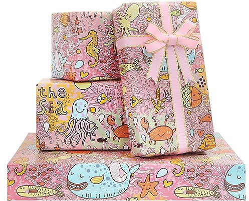 Unter dem Meer Geburtstags-Geschenkpapier für Kinder, Mädchen und Jungen, Wal-Seepferdchen-Korallenfisch-Designs, Geschenkpapier für Geburtstag oder Babyparty, 4 Blatt rosa Papier mit Lotus-Farbband