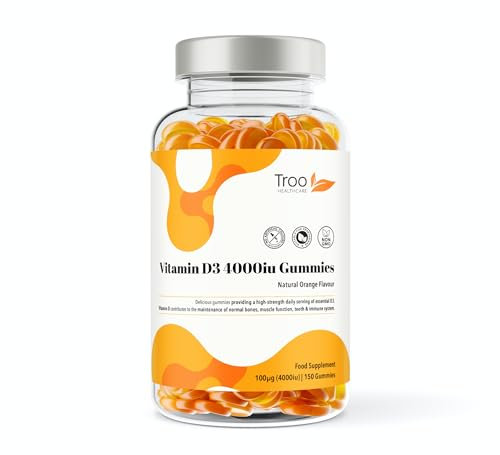 Troo Health Care Vitamin D3 4000iu - 150 Natural Orange Flavour Chewable Gummies - Five Months Supply - Non GMO Tasty Gummy Supplement to Support Immune Function and Help Maintain Bones and Teeth