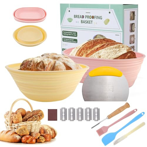 Abnaok Silicone Banneton Bread Proofing Baskets, 9 Inch Round & 10 Inch Oval Foldable Sourdough Baking Basket, Sourdough Bread Baking Supplies,Bread Making Kit Easy to Clean and Storage