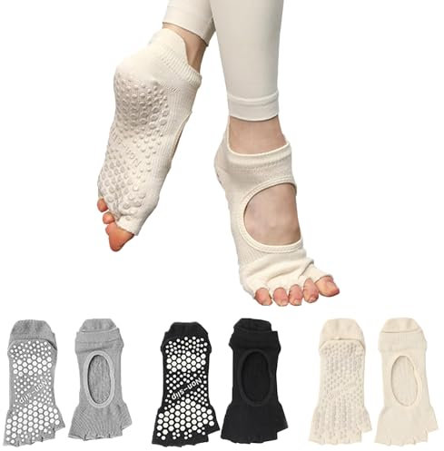 Sunolkie 3 Paar Yoga Socken PilatesSocken, rutschfeste Socken, Fitness Tanzsocken für Damen,offene Spitze, rutschfest, aus atmungsaktiver Baumwolle, 3 Paar, 4-7 UK / 36-40 EU / 5-8,5 US