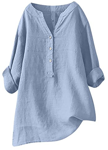 HAOLEI Chemise Femme Lin Chemisier Coton Et Lin pour Femmes Col en V Bouton Manches Longues Tops Couleur Unie LâChe Respirant T-Shirts Grande Taille Pas Casual Tunique Blouse