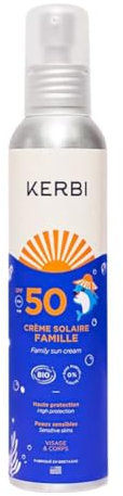 Crème Solaire SPF 50+, pour visage et corps, 99% d'origine naturelle, certifiée BIO, texture agréable, sans parfum, bébé, enfant100g, KERBI minéral