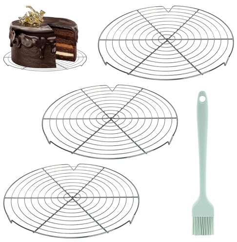 GANILITY Rund Abkühlgitter, 3 Stück 30 cm Abkühlgitter mit 1 Stück Silikonbürste, Rund Kuchen Kuchenrost,Edelstahl Kuchengitter Abkühlgitter, für Braten, Gleichmäßiges