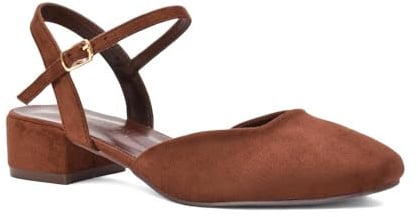 ESSEX GLAM Women's Ankle Strap Court Shoes Women's Block Low Heel Square Toe Faux Suede Strappy Heels Size 3-8