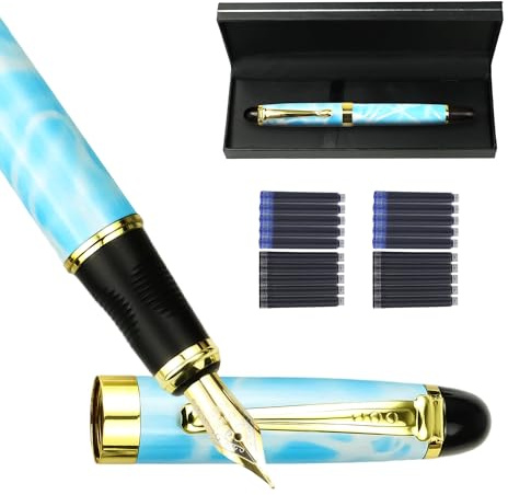 YUN CHUN Marble Fountain Pen for Writing, Refillable Luxury Metal Pens with Ink Pen with 10 Black and 10 Blue Ink Refills, Business Writing Fountain Pen for Men and Women, Marble Blue