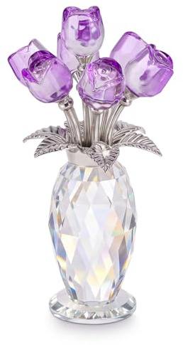 Crystal Rose Flower in Vase 3D Purple Glass Flowers Ornament for Living Room Office Tabletop Decoration Gifts for Birthday, Anniversary, Wedding Mother's Day