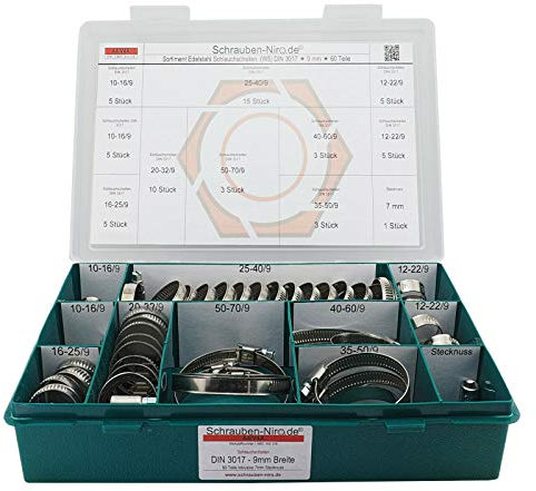 Sortiment A4 Edelstahl Schlauchschellen, Bandbreite 9 mm, Spannbereiche von 10 bis 70 mm, Set mit 60 Teilen inklusive 7 mm Steckschlüsseleinsatz, Material W5 (entspricht V4A)