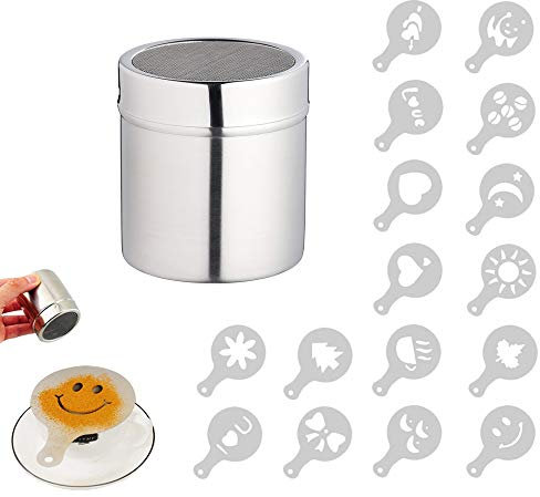 Pulver Streuer, Kaffee Kakao Puder Streuer mit feinem Ineinander greifen, für das Backen u. Kochen mit 16 PC Druckform Schablonen (Mitte)