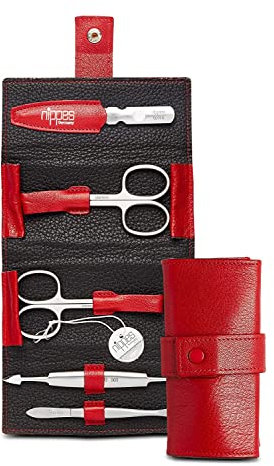 nippes Solingen Premium Line Maniküre Set Wild Red, 5-teilig, Edelstahl rost- und nickelfrei, Nagelpflege Set, Echtes Rindsleder-Etui, Maniküre Pediküre, Made in Germany