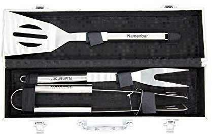 Grill BBQ Set mit Namen - persönliche Gravur - 3 teilig - mit Aufbewahrungskoffer