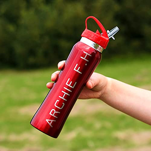 eBuyGB Personalised Water Bottle with Flip Straw for School, Nursery, Gym - Reusable BPA Free 800ml Stainless Steel Sports Drinks Travel Bottle Cup for Children, Adults - Any Name or Text (Red)