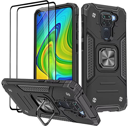 KANSi Hülle kompatibel für Xiaomi Redmi Note 9, Schutzfolie [2 Stück] Silikon TPU Hart PC Handy Hüllen 360 Grad Drehbar Ringhalter Bumper Stoßdämpfung Schutzhülle für Xiaomi Redmi Note 9 - Schwarz