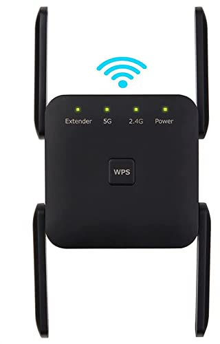 Repetidor WiFi 1200Mbps 2.4 GHz y 5GHz, Extensor Inalámbrico Amplificador de Señal Doble Banda, Enrutador Extensor de Red, Repertidor/Ap Modo/WPS, 4 Antenas Externas