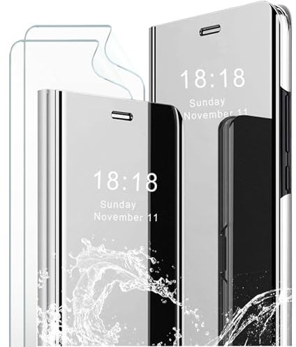 MLOTECH kompatibel für Samsung Galaxy S22 Ultra Hülle,Handyhülle + Schutzfolie[2 Stück] Flip Transluzent View Miroir Cover Anti-Schock Spiegel Standfunktion Schutzhülle Silber