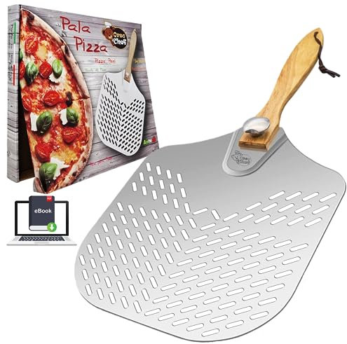 Pala para pizza para hornear - Pala para pizza profesional de aluminio perforada - Mango de madera plegable para un fácil almacenamiento - Capacidad de carga 4 Kg.
