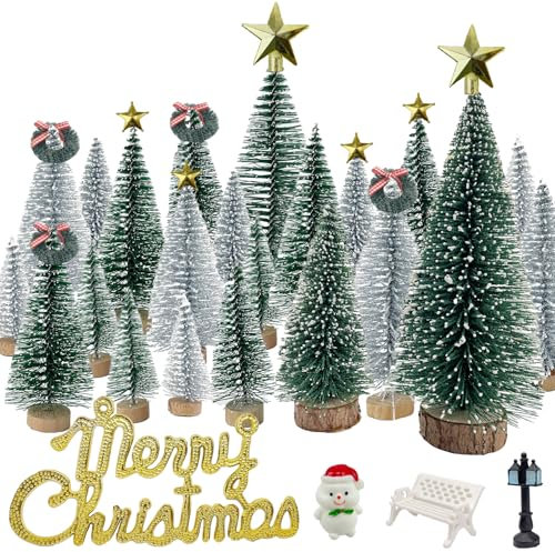 NotiGat Miniature Christmas Pine Tree Mini Bottle Brush Christmas Trees Table top Village Winter Tree for Christmas Decorations Wooden Bases (36pcs)